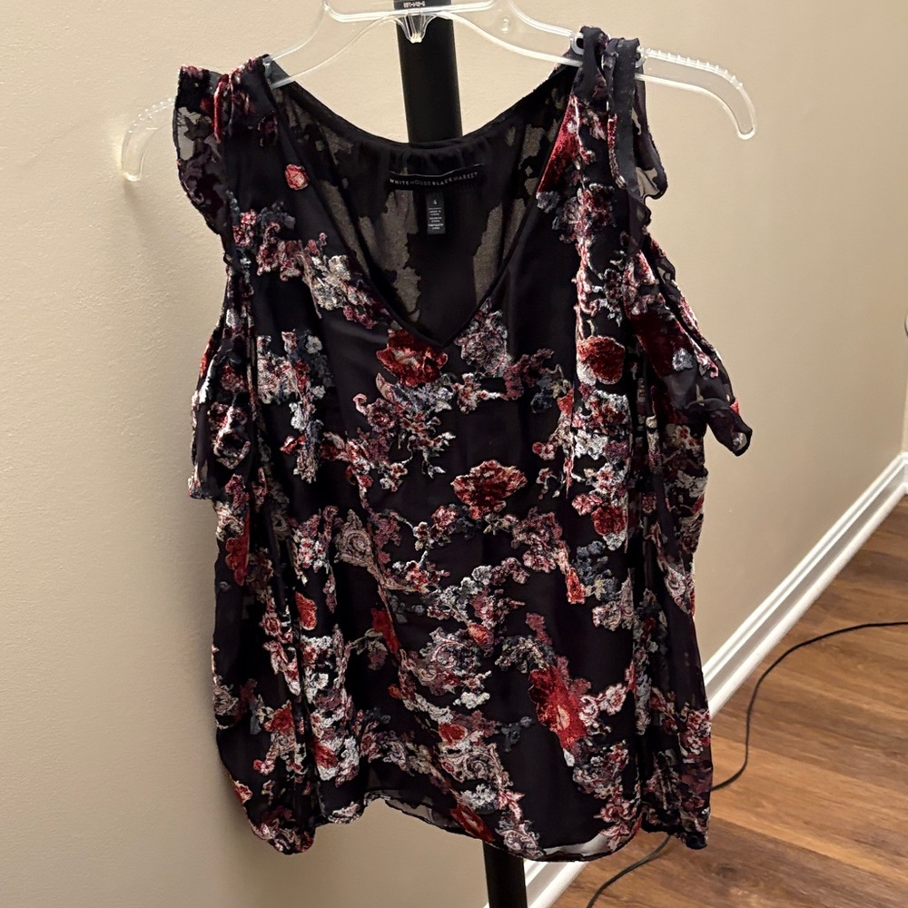 White House Black Market cold shoulder Dark Floral Blouse